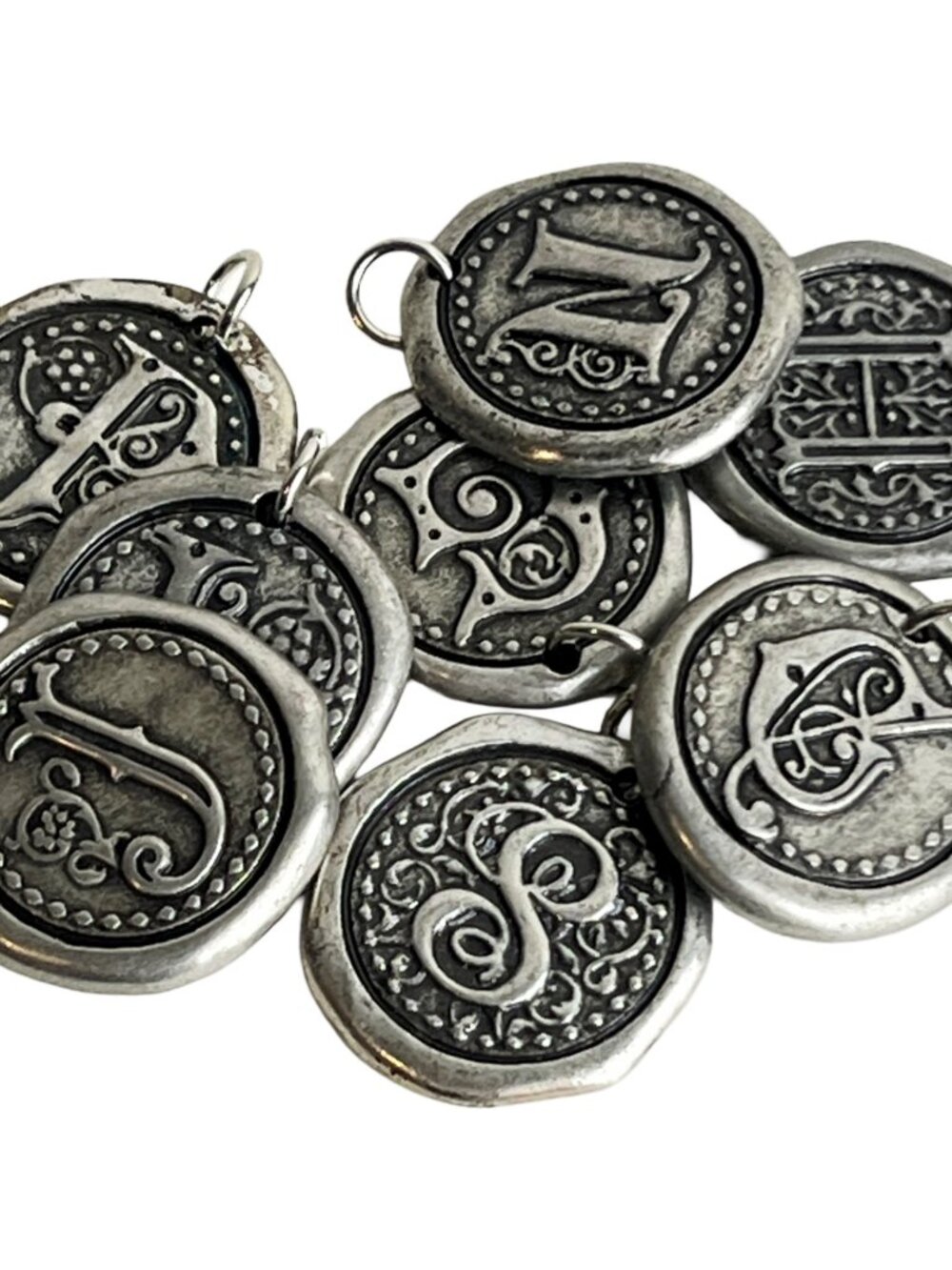 8 Vintage Wax Seal Initial Charms – Antique Silver Monogram Letter Pendants